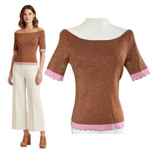 Kate Spade Metallic Knit Sweater Scallop Trim Ribbed M